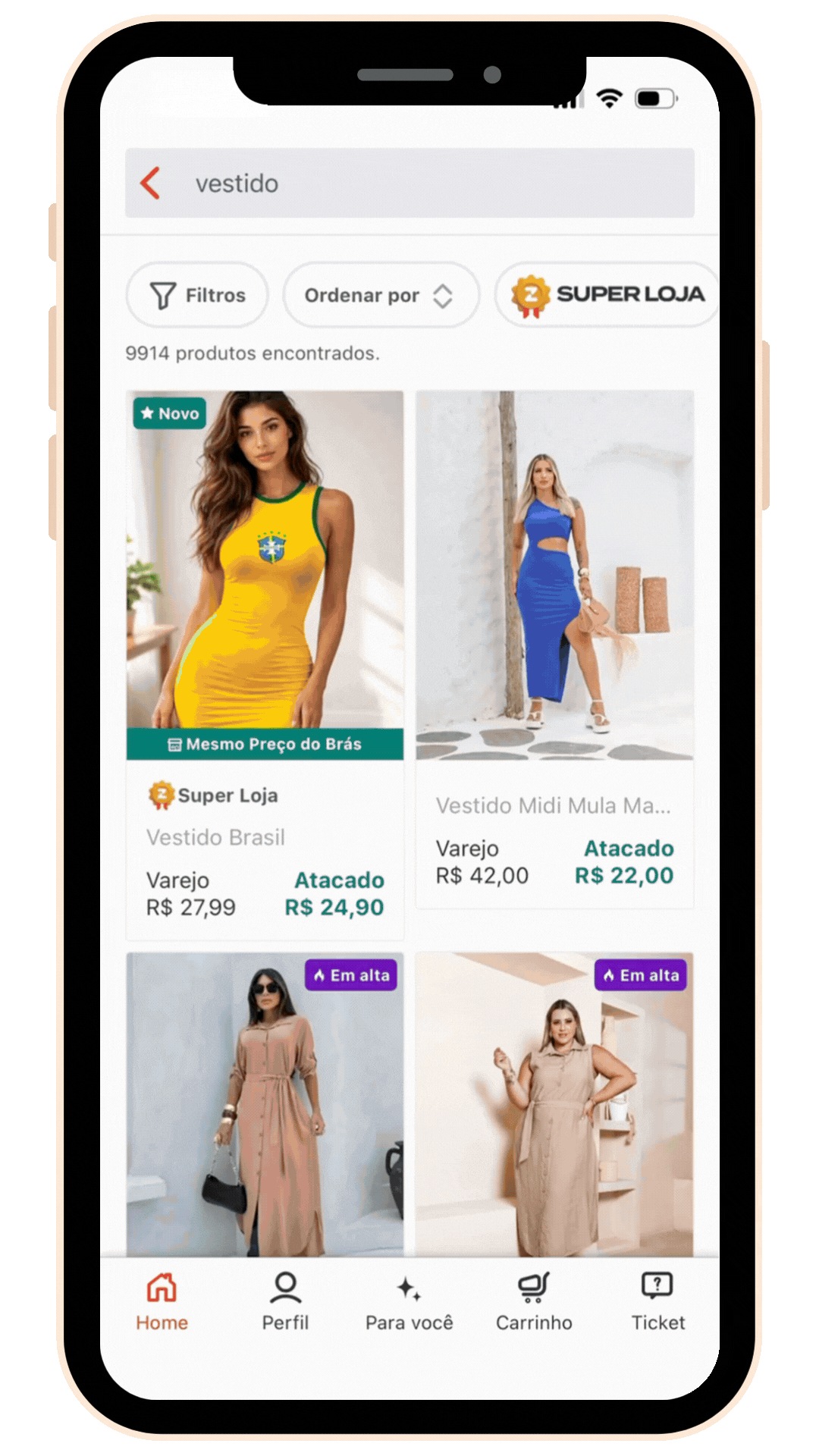 Lista de produtos no app ZAX