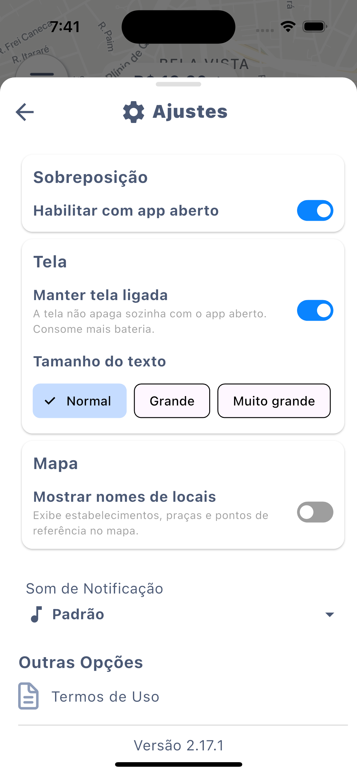 Tela Ajustes do app do entregador