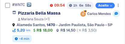 Card compacto de um pedido aceito com número, cronômetro, pílula de status, cliente, entregador, endereço e valores