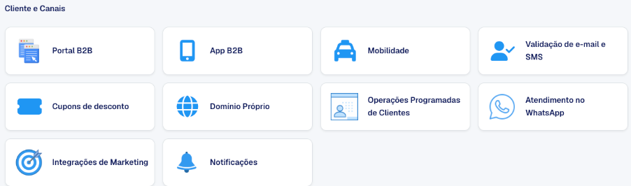 Card Validação de e-mail e SMS no grupo Cliente e Canais das Configurações