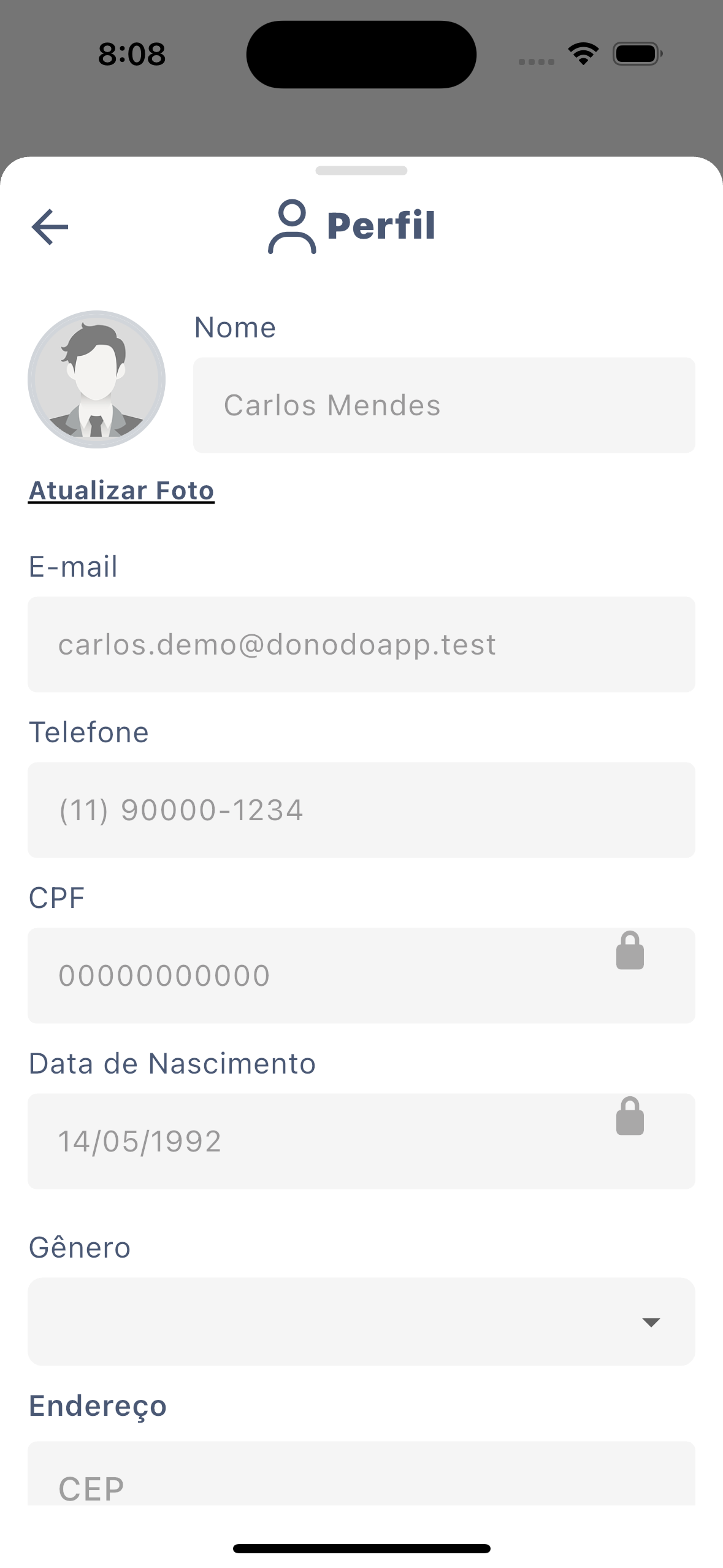 Tela Perfil do app do entregador