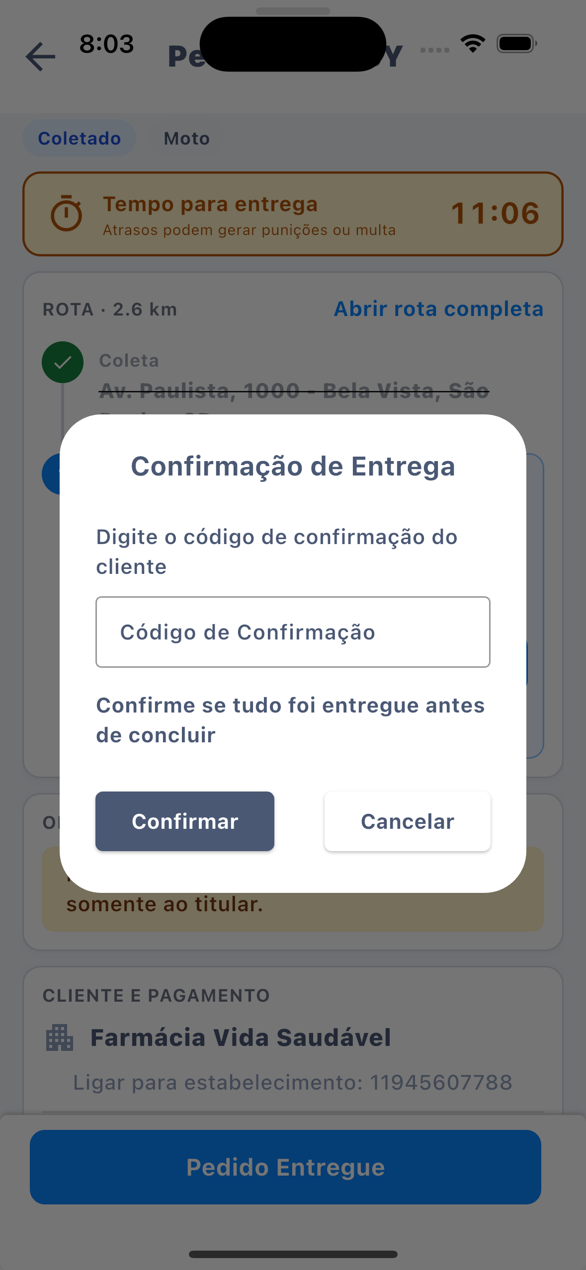 Diálogo Confirmação de Entrega pedindo o código do cliente