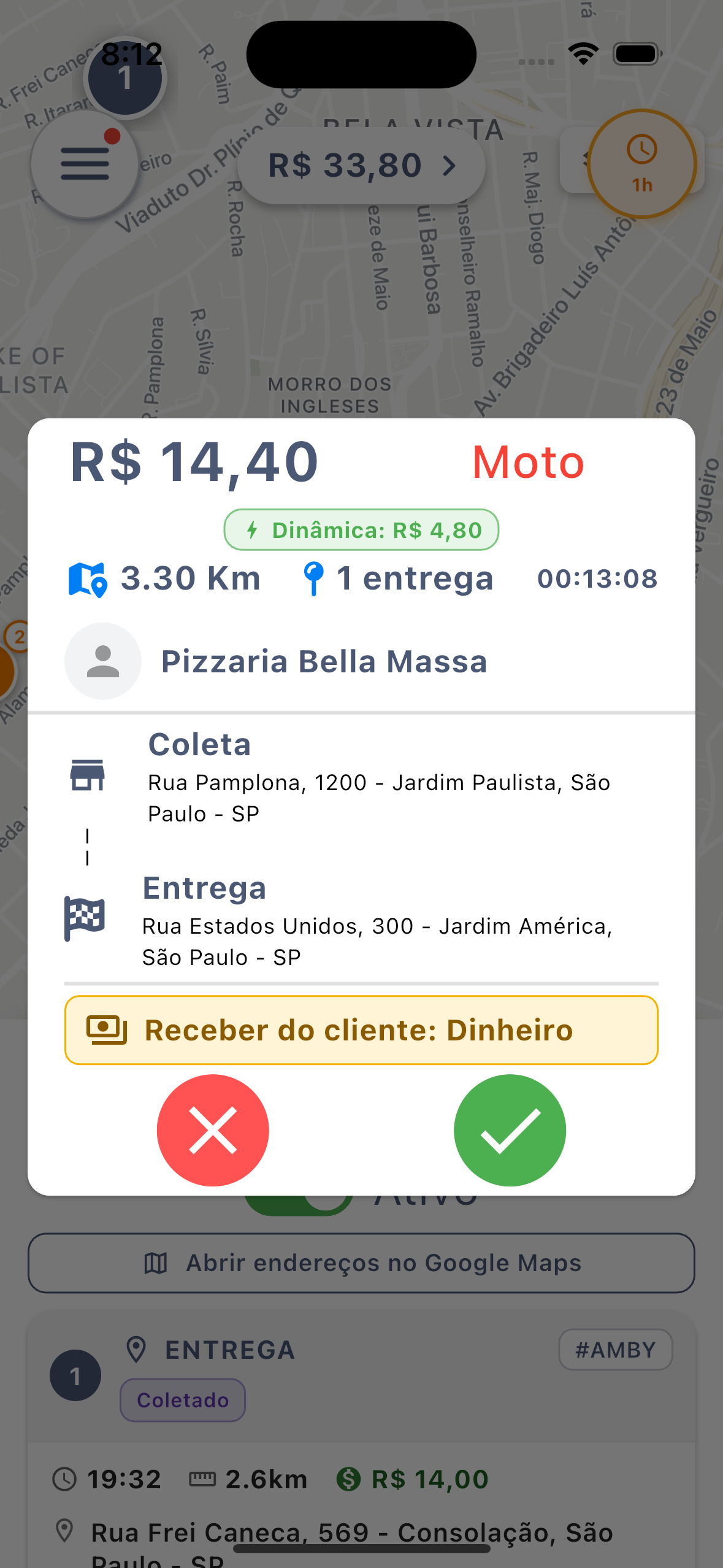 Cartão do pedido tocando no app do entregador