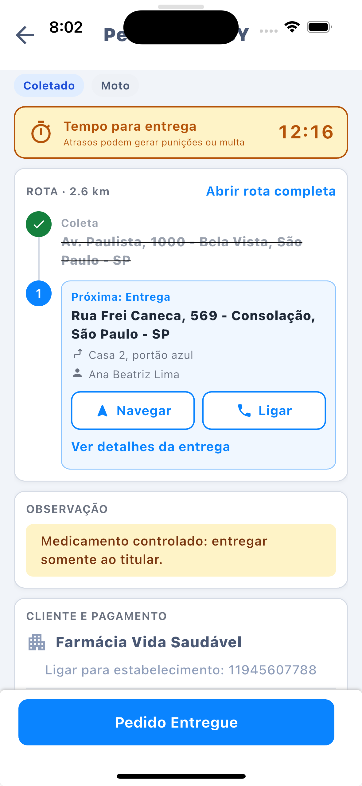 Tela do pedido coletado no app