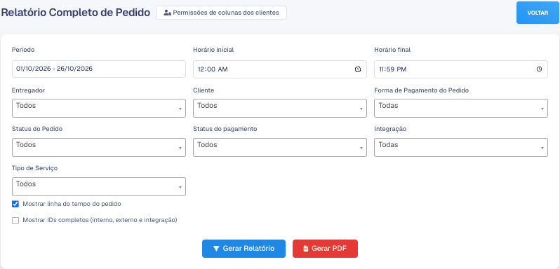 Filtros do Relatório Completo de Pedido com período, entregador, cliente, forma de pagamento, status e tipo de serviço