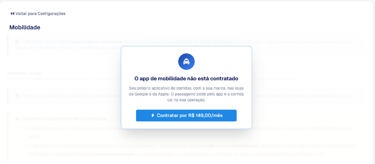 Tela Mobilidade apagada com o cartão O app de mobilidade não está contratado e o botão de contratar