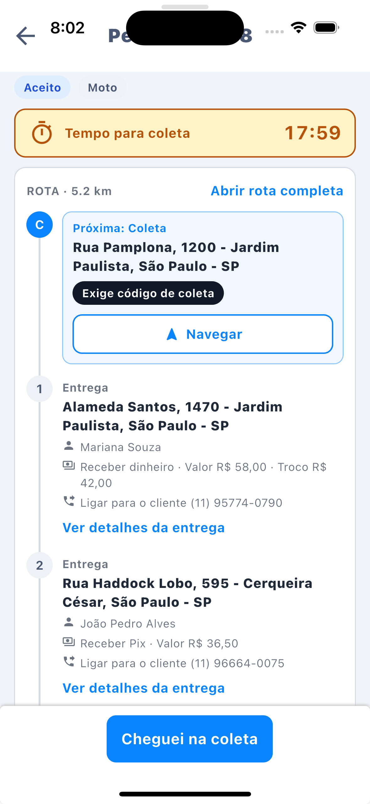 Tela do pedido aceito no app do entregador