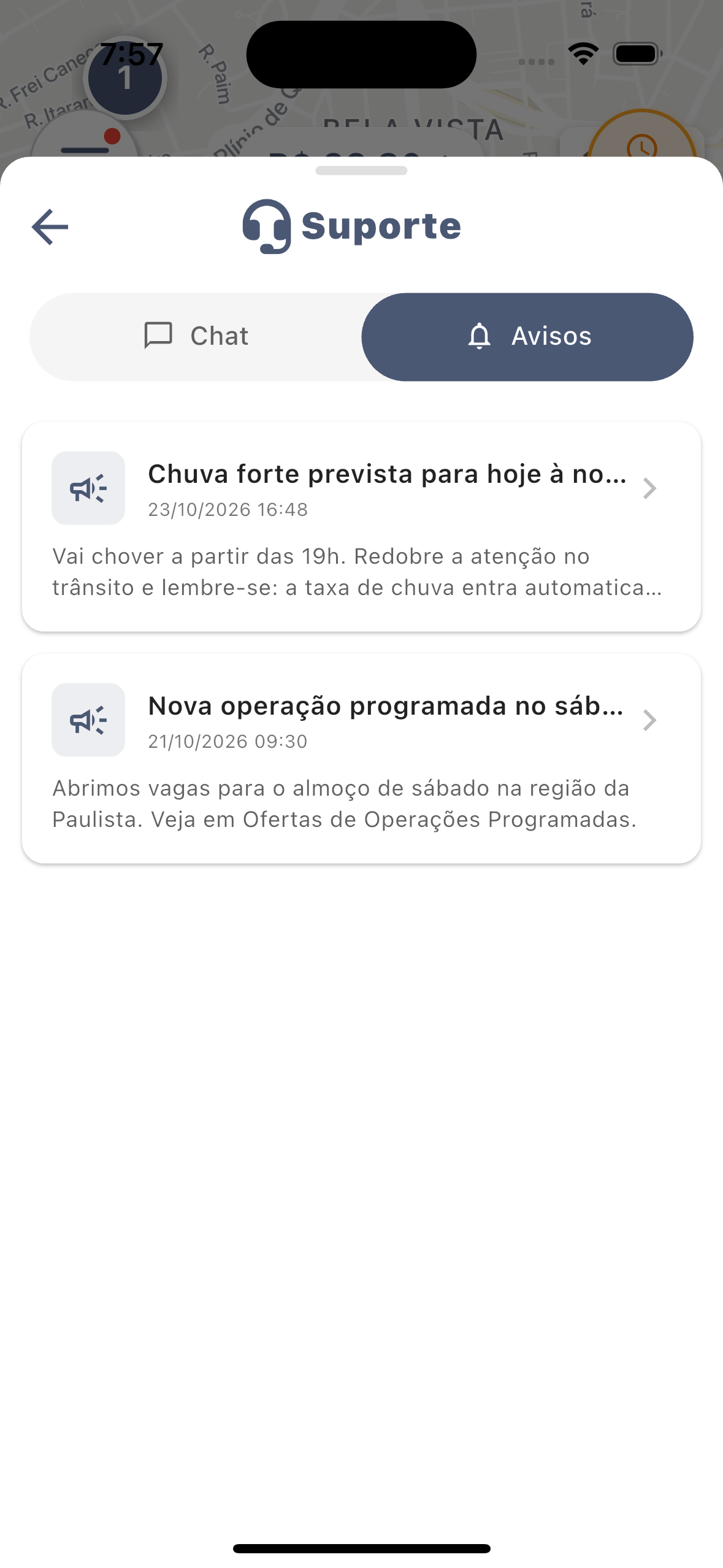 Aba Avisos do Suporte