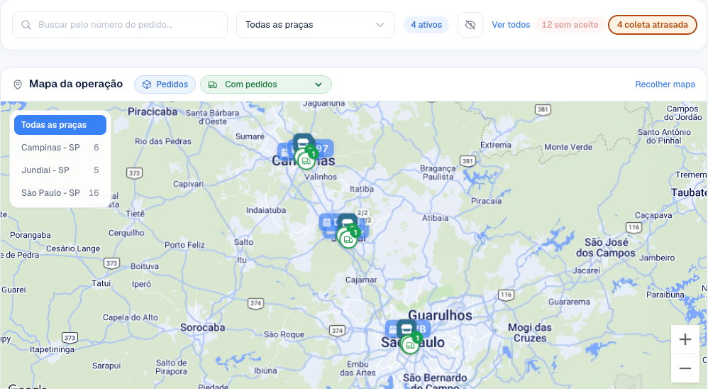 Aviso coleta atrasada selecionado, com o mapa mostrando só esses pedidos e o seletor de entregadores em Com pedidos