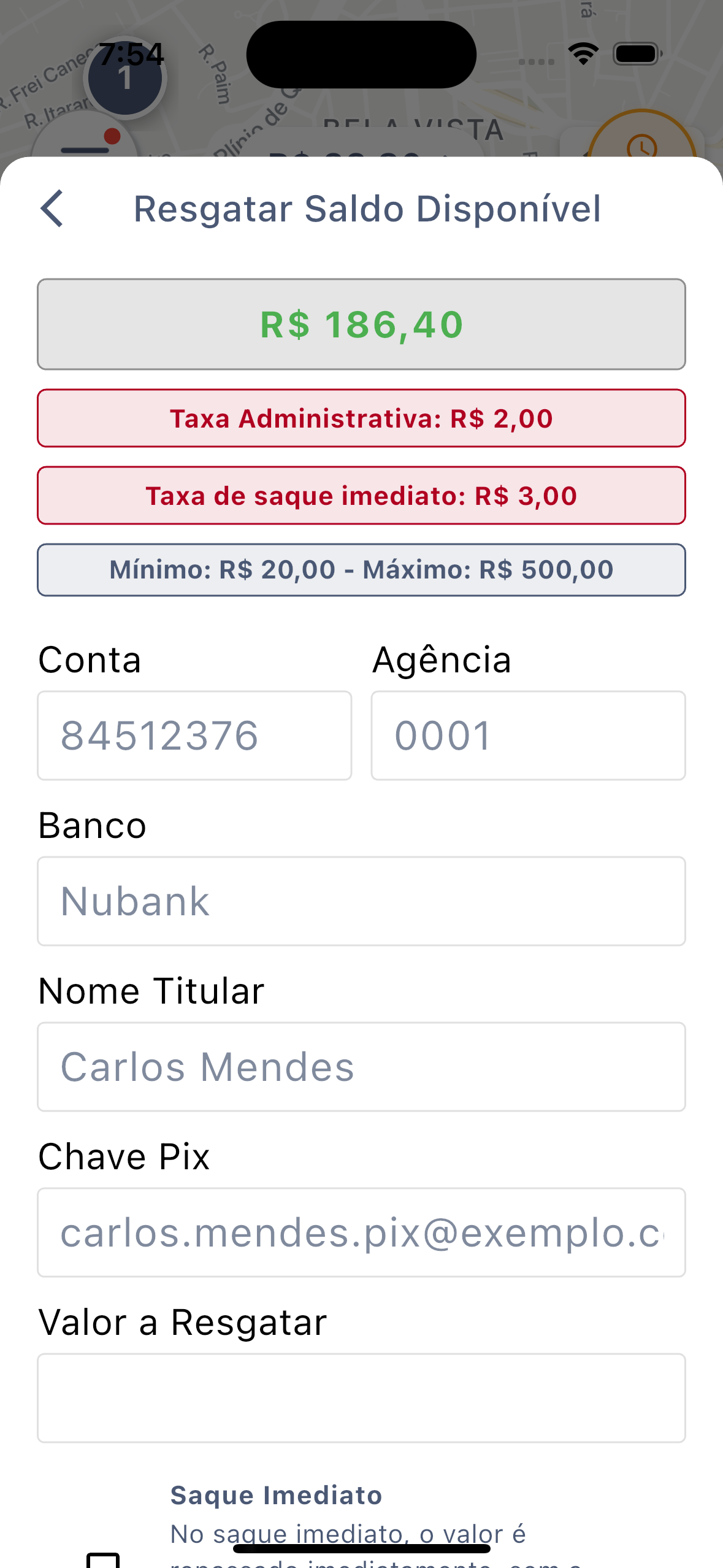Tela Solicitar Saque com taxas e limites