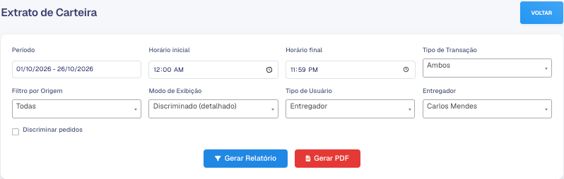 Filtros do Extrato de Carteira preenchidos para um entregador, em modo Discriminado