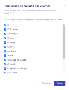 Janela Permissões de colunas dos clientes com a lista de colunas que o cliente pode ver