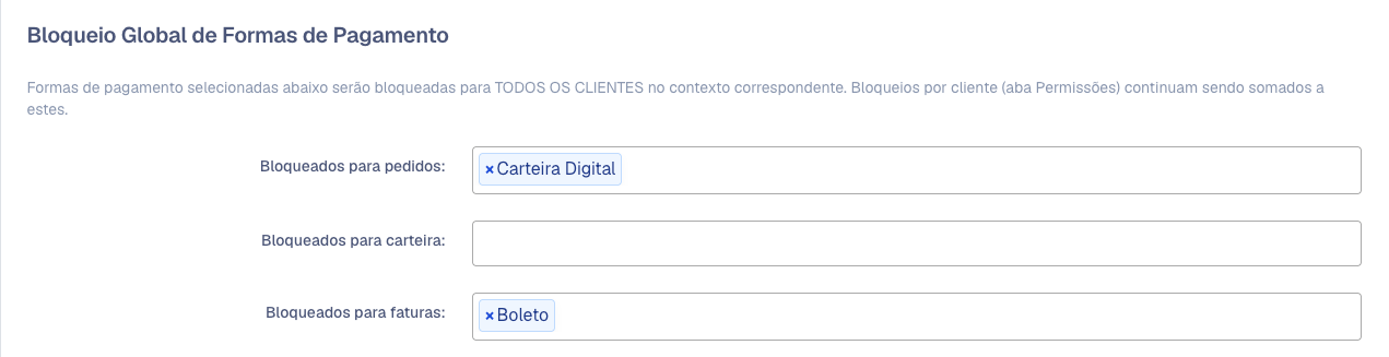 Bloqueio Global de Formas de Pagamento com Carteira Digital bloqueada para pedidos e Boleto bloqueado para faturas