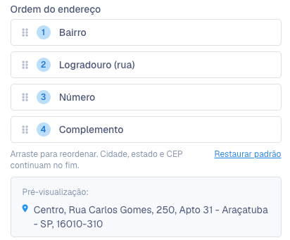 Lista Ordem do endereço sendo arrastada com a pré-visualização do endereço logo abaixo