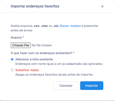 Janela Importar endereços favoritos com o arquivo escolhido e a opção Adicionar à lista existente marcada