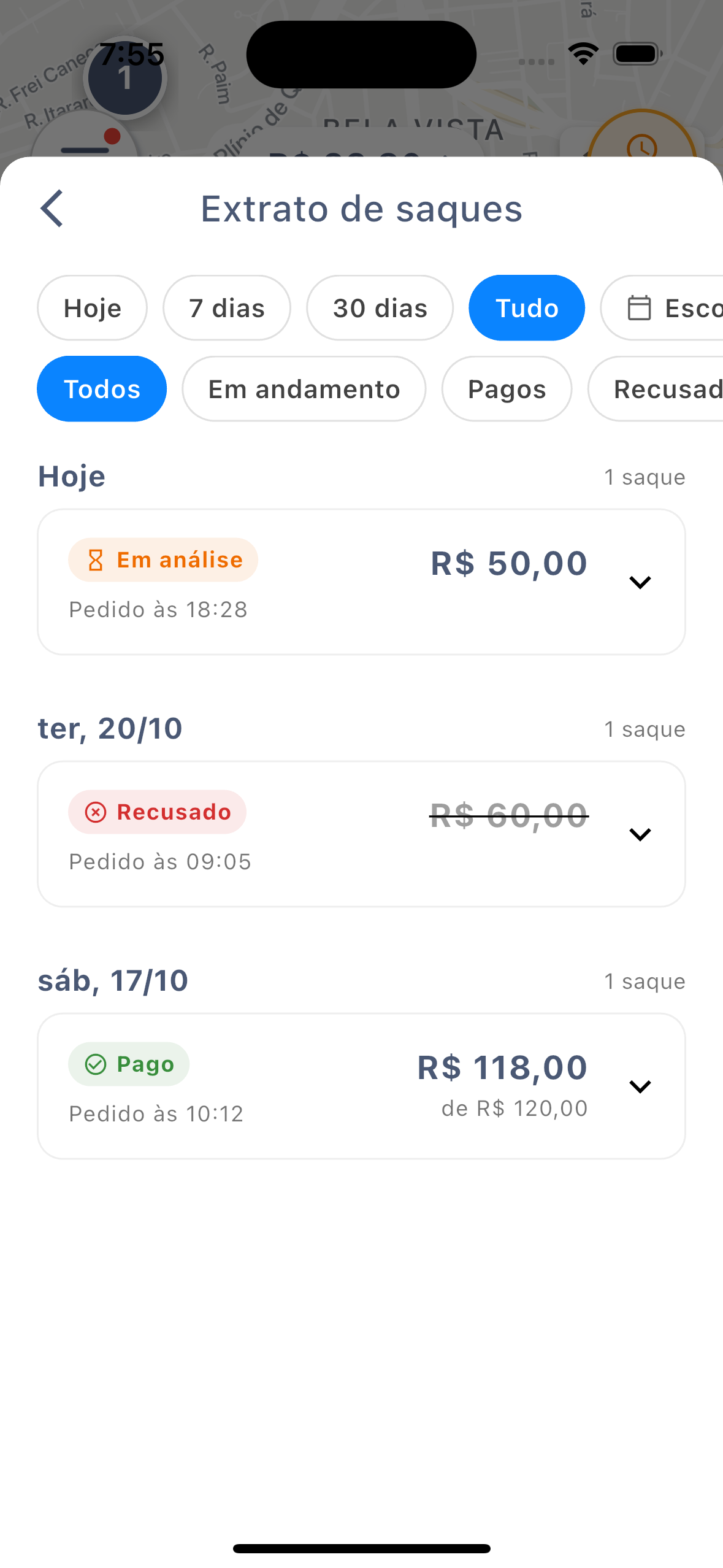 Extrato de saques no app