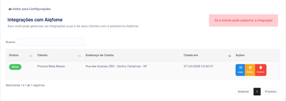 Tela Integrações com Aiqfome no painel com o aviso Só o cliente pode cadastrar a integração e uma loja na lista