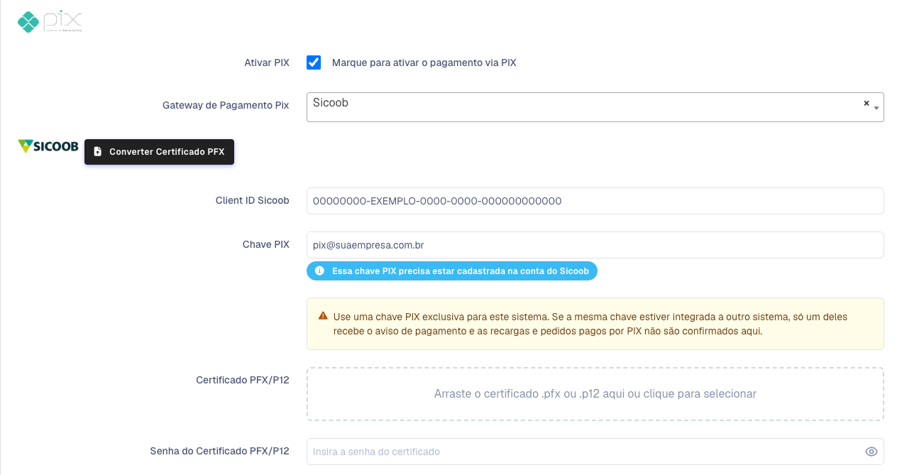 Bloco do Pix com o Sicoob escolhido, Client ID, Chave PIX, certificado e senha
