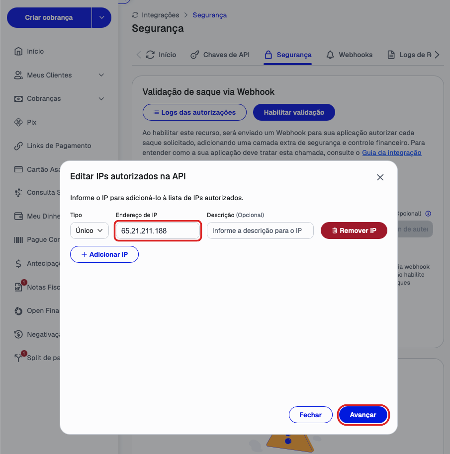 Janela Editar IPs autorizados na API com um endereço preenchido