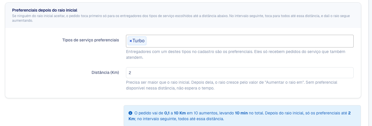 Quadro Preferenciais depois do raio inicial com Turbo e 2 km