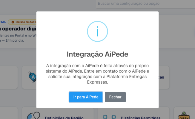 Janela Integração AiPede aberta sobre a tela de Configurações, com os botões Ir para AiPede e Fechar
