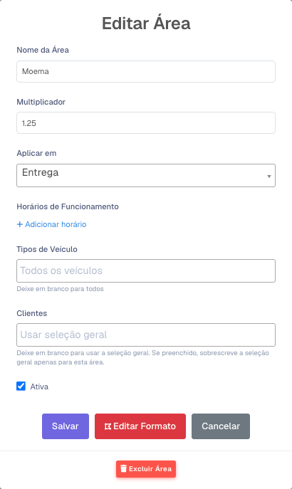 Janela da área com nome Moema, multiplicador 1.25 e Aplicar em Entrega