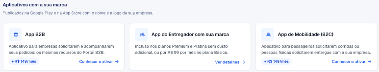 Bloco Aplicativos com a sua marca no topo das Configurações, com o card App de Mobilidade (B2C) e o botão Conhecer e ativar
