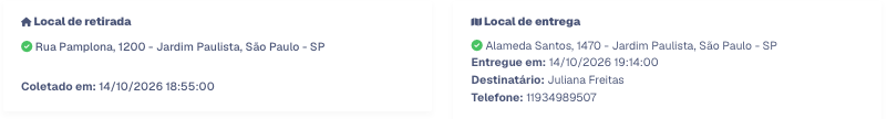 Quadros Local de retirada e Local de entrega de um pedido concluído, com o horário da coleta, da entrega, o destinatário e o telefone