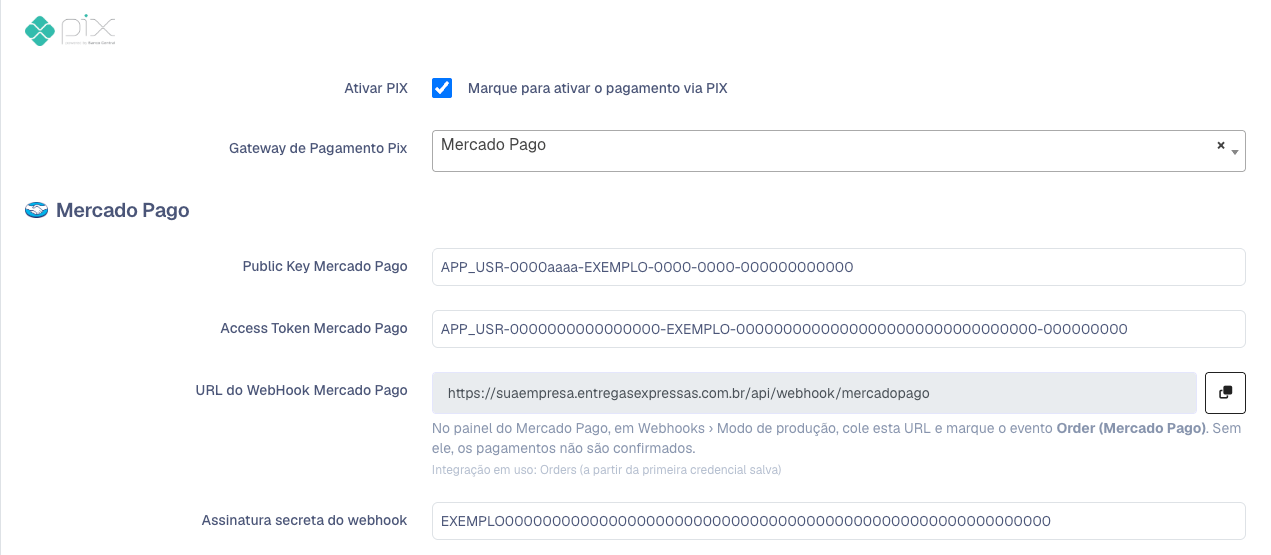 Bloco do Pix com o Mercado Pago escolhido, Public Key, Access Token, URL do webhook e assinatura secreta