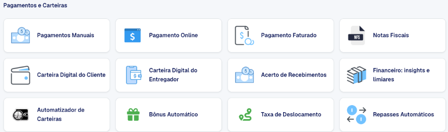 Grupo Pagamentos e Carteiras da tela de Configurações com o card Financeiro: insights e limiares