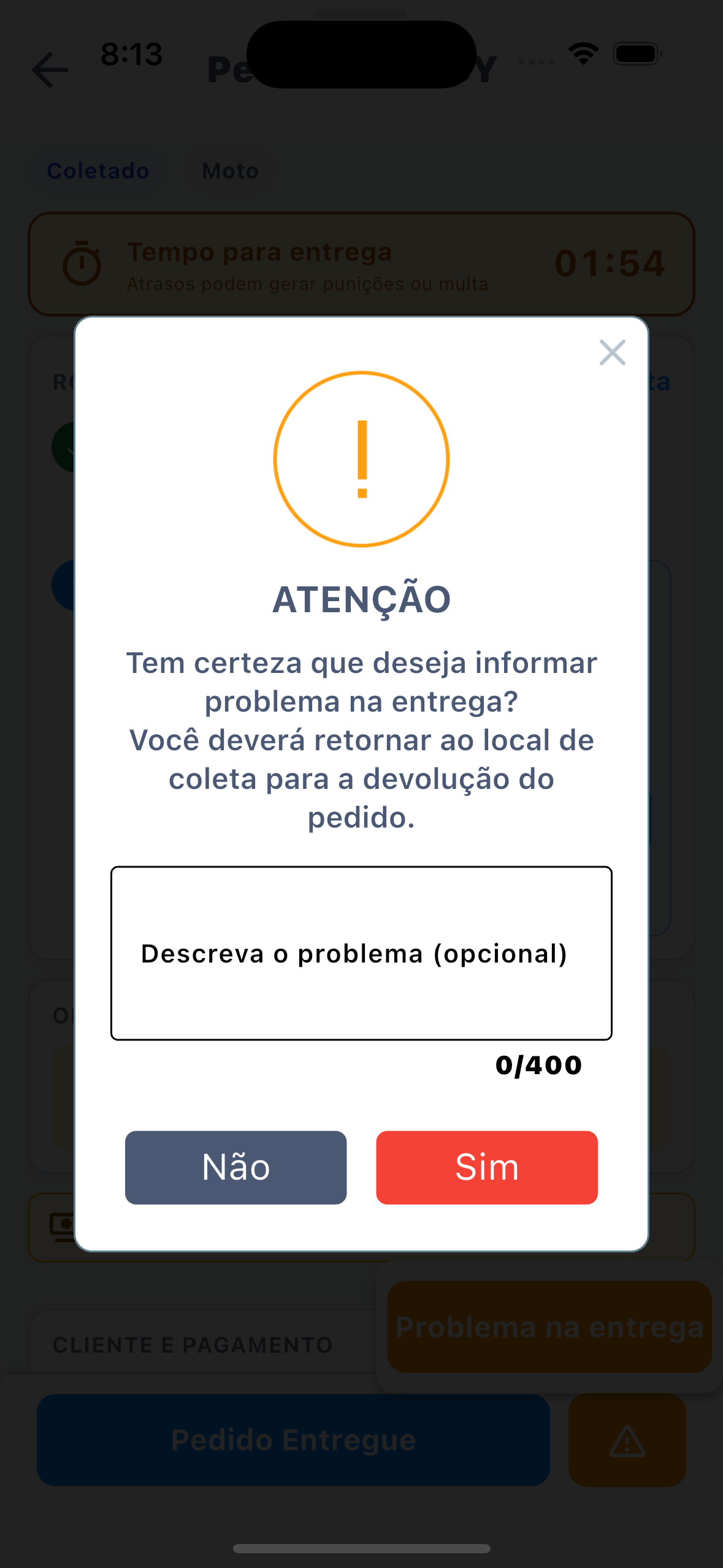 Diálogo de problema na entrega com o campo de descrição