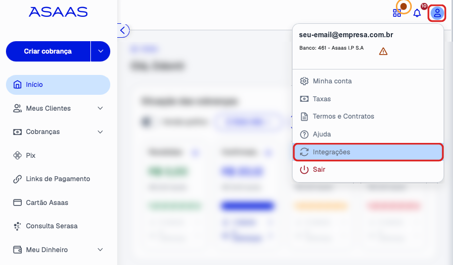 Menu do usuário do Asaas com a opção Integrações