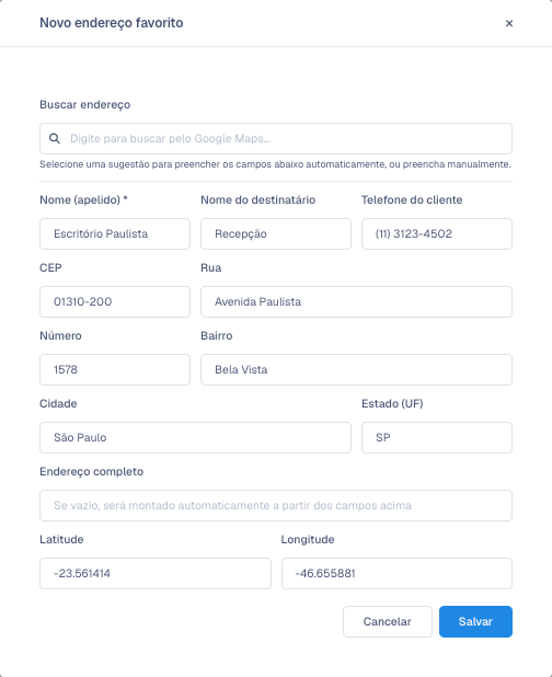 Janela Novo endereço favorito com o endereço buscado e os campos preenchidos