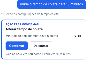Cartão Ação para confirmar com a mudança de uma configuração e os botões Confirmar e Descartar