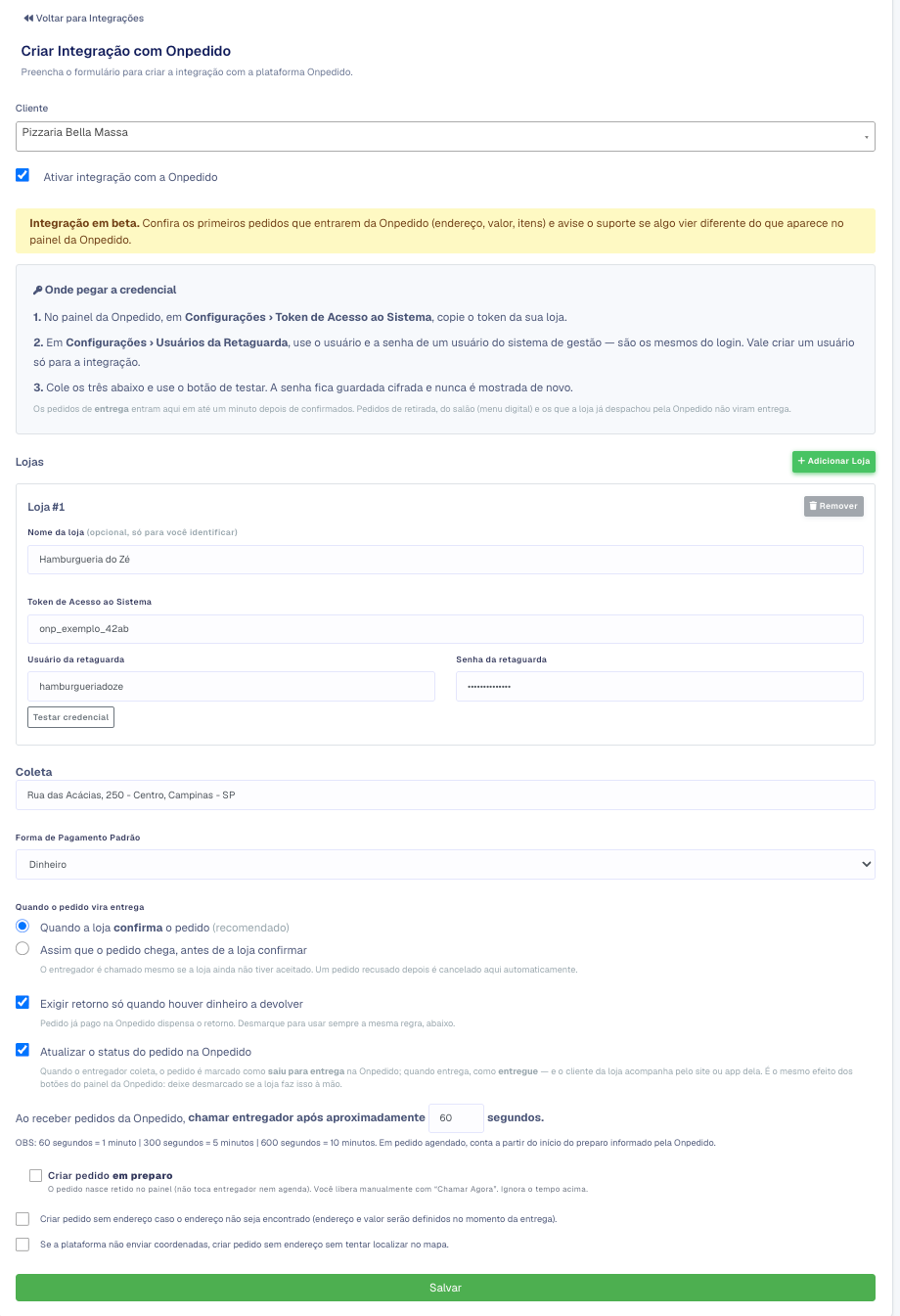Formulário da Onpedido com uma loja testada, gatilho Quando a loja confirma e Atualizar o status marcado