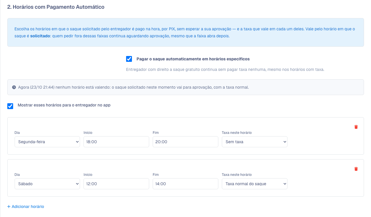 Seção Horários com Pagamento Automático com duas faixas configuradas
