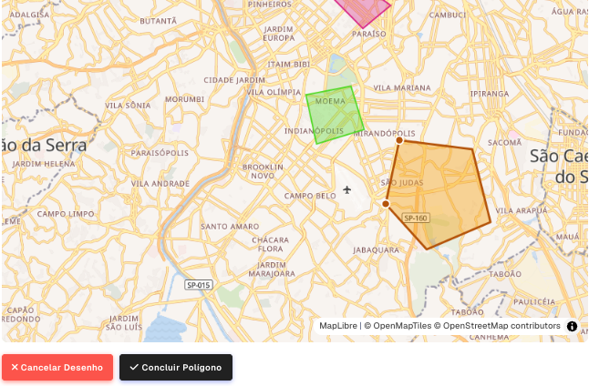 Mapa com um polígono sendo desenhado e os botões Cancelar Desenho e Concluir Polígono