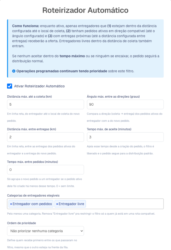 Janela Roteirizador Automático com o quadro Como funciona, a caixa Ativar marcada e os campos de distância, ângulo e tempo preenchidos