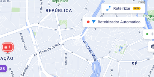 Canto direito do mapa do Dashboard com os botões Roteirizar (beta) e Roteirizador Automático, este com a bolinha verde