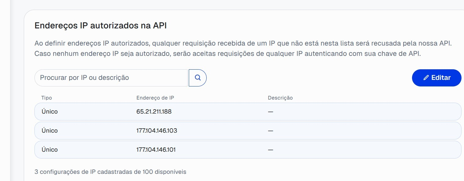 Lista Endereços IP autorizados na API do Asaas com os três endereços da plataforma
