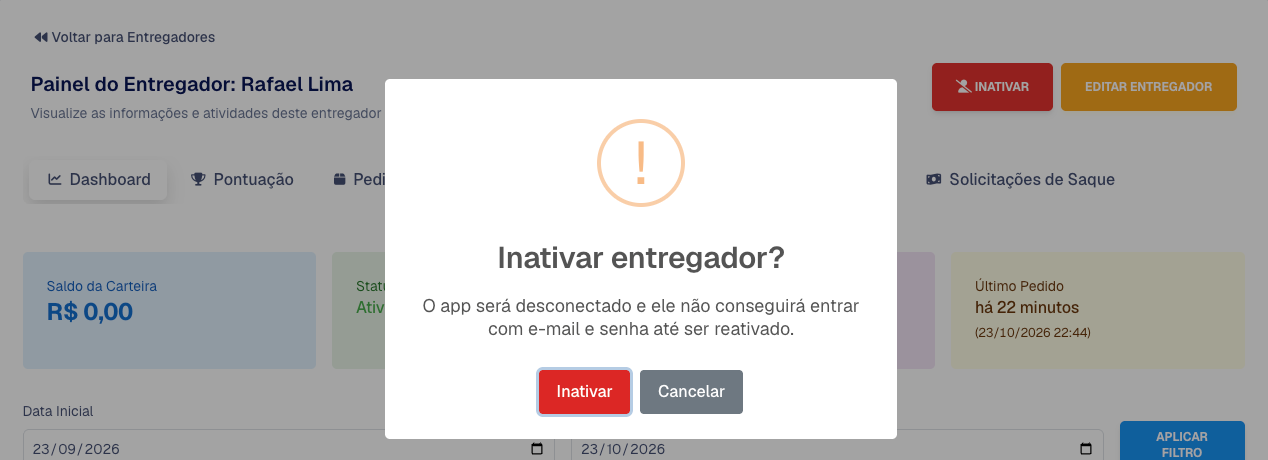 Janela de confirmação Inativar entregador no painel do entregador