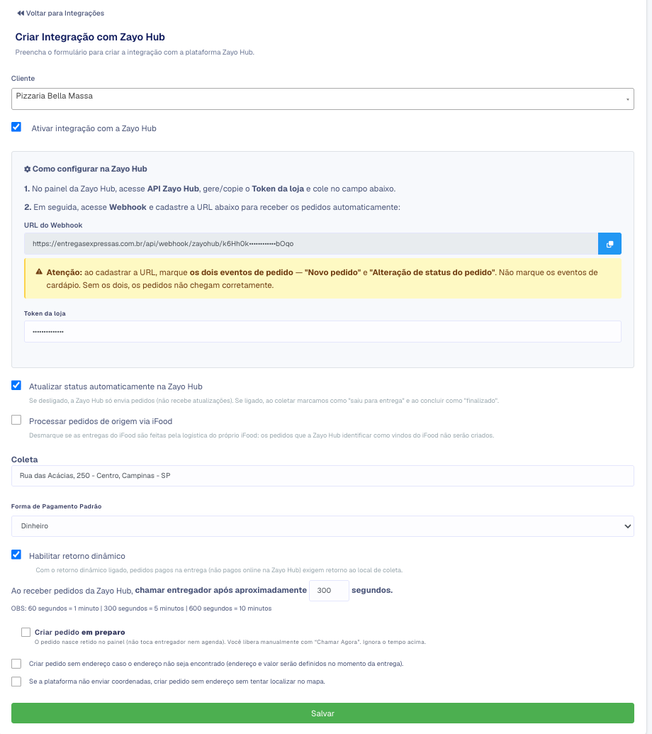Formulário da integração Zayo Hub com os passos de configuração, a URL do Webhook, o aviso sobre os eventos e o Token da loja