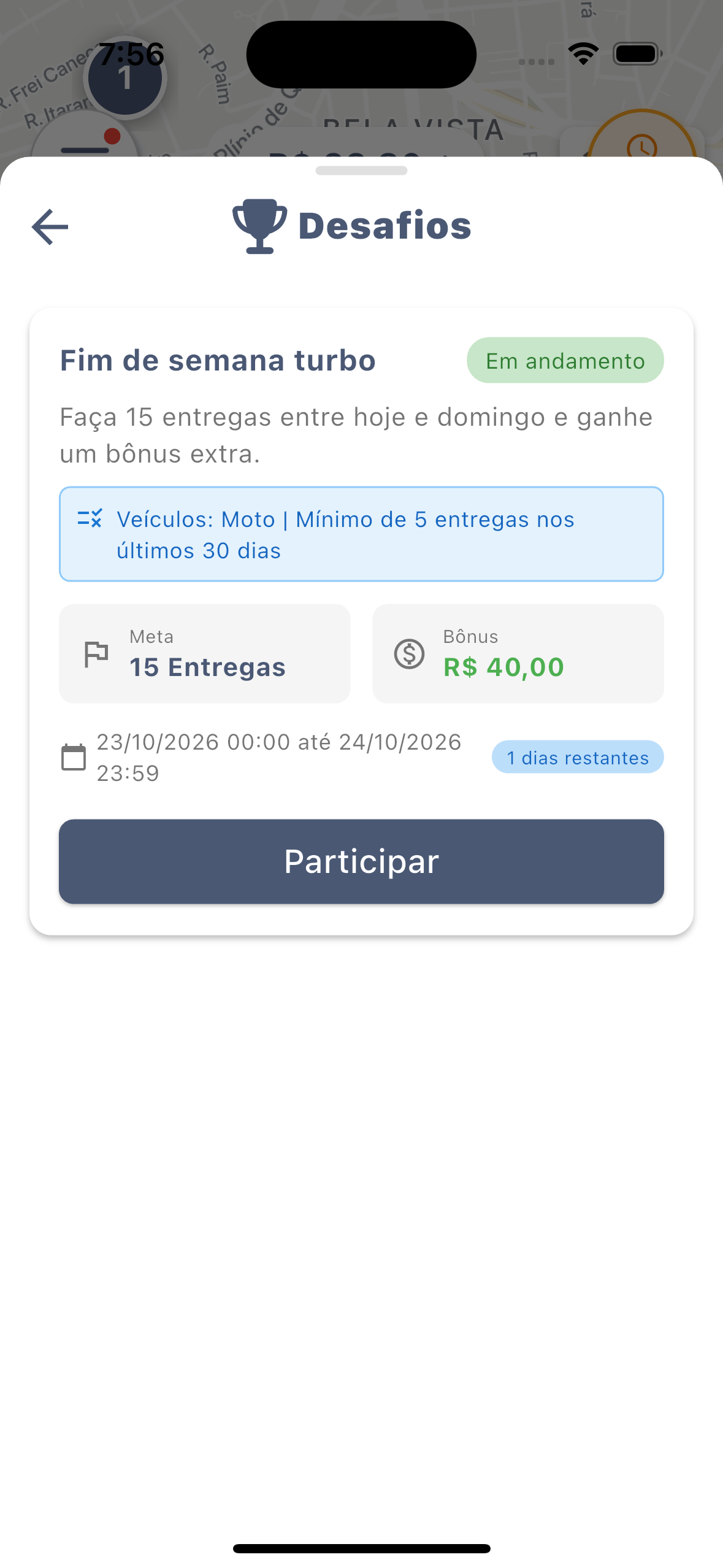 Tela Desafios no app
