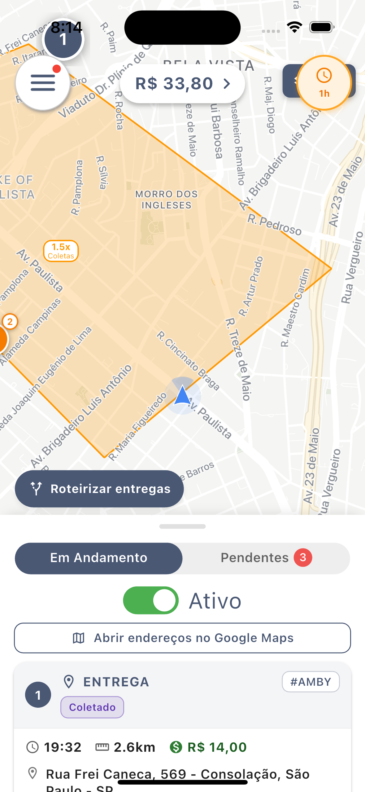 Mapa do app do entregador com área de tarifa dinâmica
