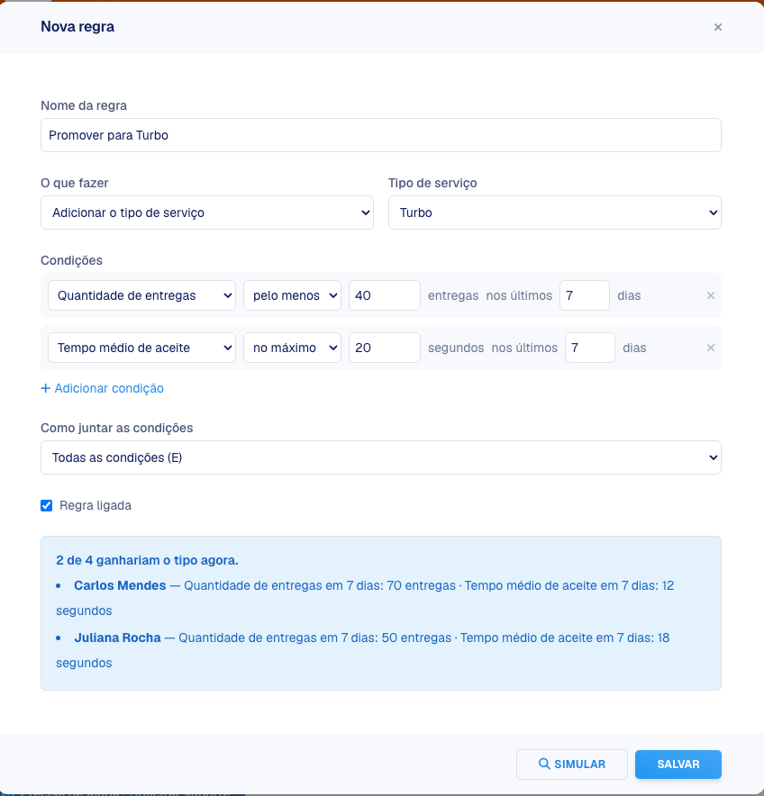 Regra Promover para Turbo com duas condições e o resultado da simulação