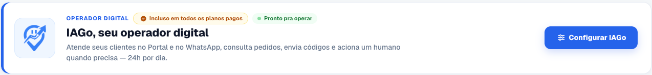 Destaque IAGo, seu operador digital no topo da tela de Configurações