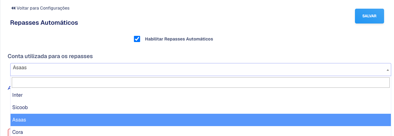 Topo da tela de Repasses Automáticos com a opção habilitada e a lista de contas