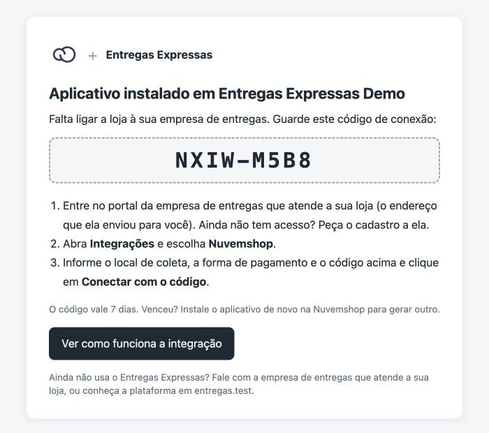 Página com o código de conexão depois da instalação