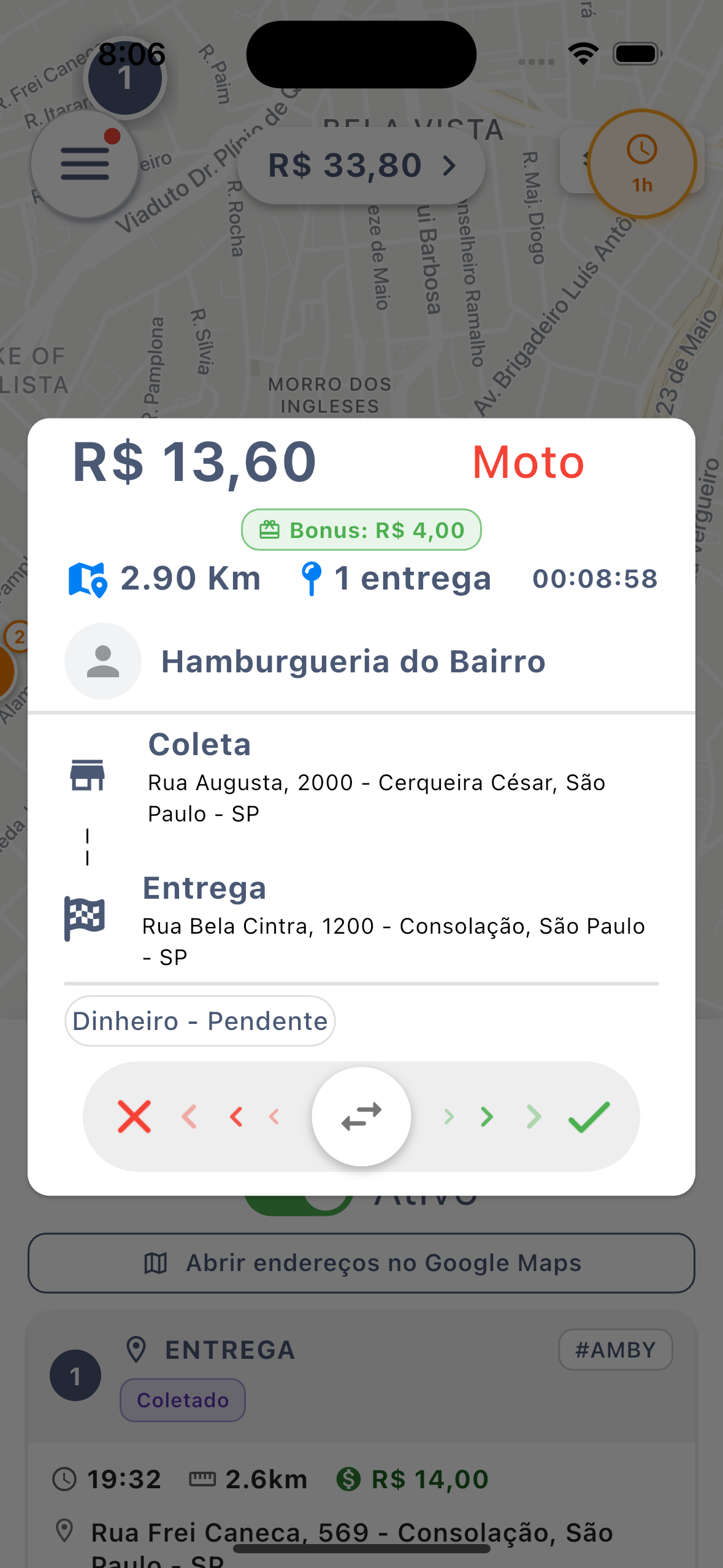 Barra de arrastar para aceitar ou recusar o pedido