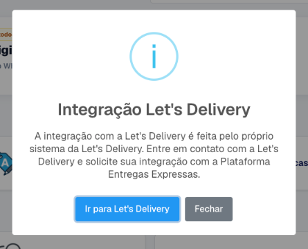 Janela Integração Let's Delivery com o texto explicativo e os botões Ir para Let's Delivery e Fechar
